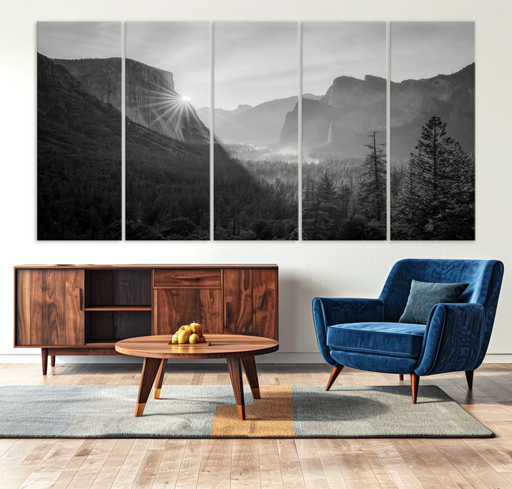 Yosemite Valley Wall Art Canvas Print, El Capitan Sunrise Print, Framed Misty Mountain Art Print, Large Monochrome Valley Printing