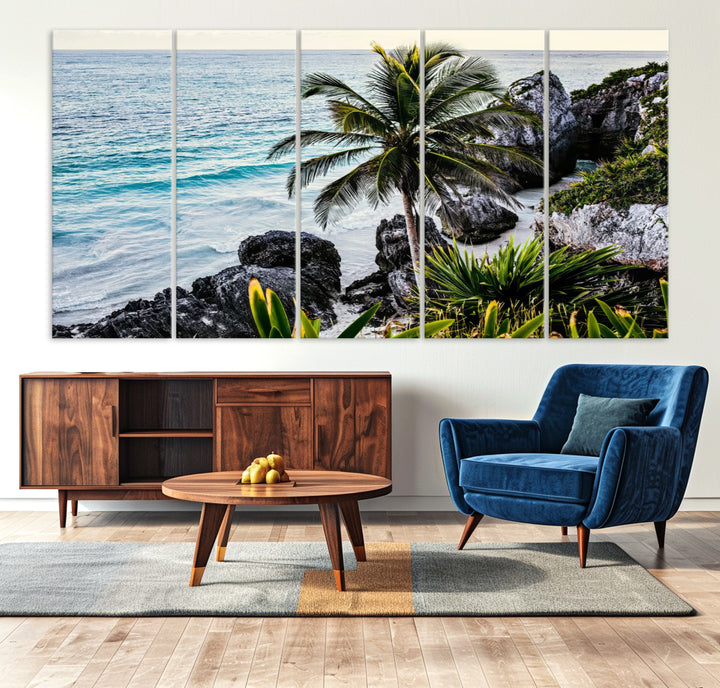 Framed canvas of a vibrant tropical coastline with palm trees, rocky cliffs, and turquoise waters, ideal for tropical coastal home decor.