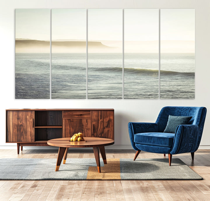 Canvas of a misty ocean scene with coastal cliffs and soft neutral tones, ideal for Scandinavian coastal or minimalist nature-inspired home decor.