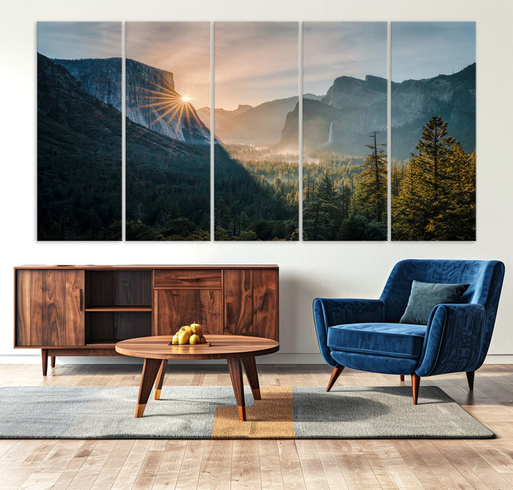 Canvas of Yosemite Valley at sunrise with dramatic rays and earthy tones, perfect for vintage explorer or wilderness-themed home decor.