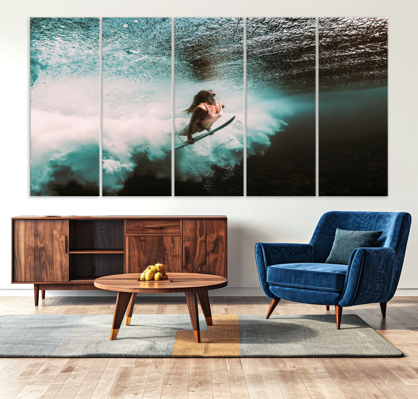 85923512-MGV-CV-40X27-Vibrant Aquatic Motion Wall Art Canvas Print, Framed Underwater Swimming Art Picture Print, Female Surfer Diving Perfect Coastal Boho Decor,