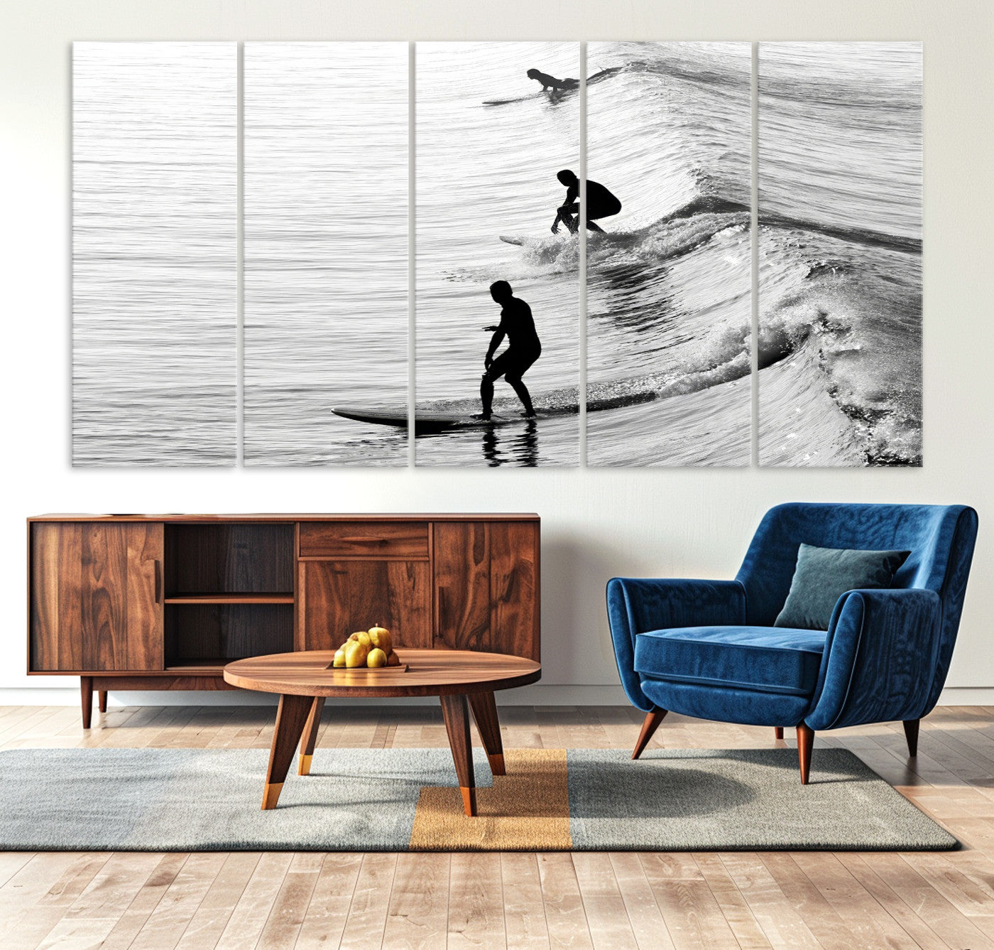19875284-MGV-CV-36X24-Surfers on Waves Wall Art Canvas Print – Framed Black and White Surf Ocean Monochrome Beach Artwork for Home, Office