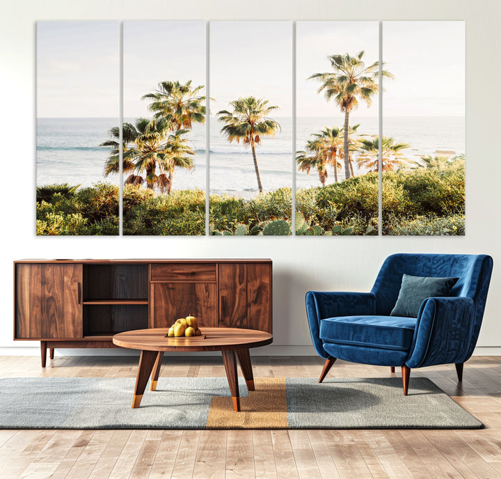 Framed print of sunlit palm trees on the California coast with warm tones, perfect for coastal minimalist or beach-style home decor.