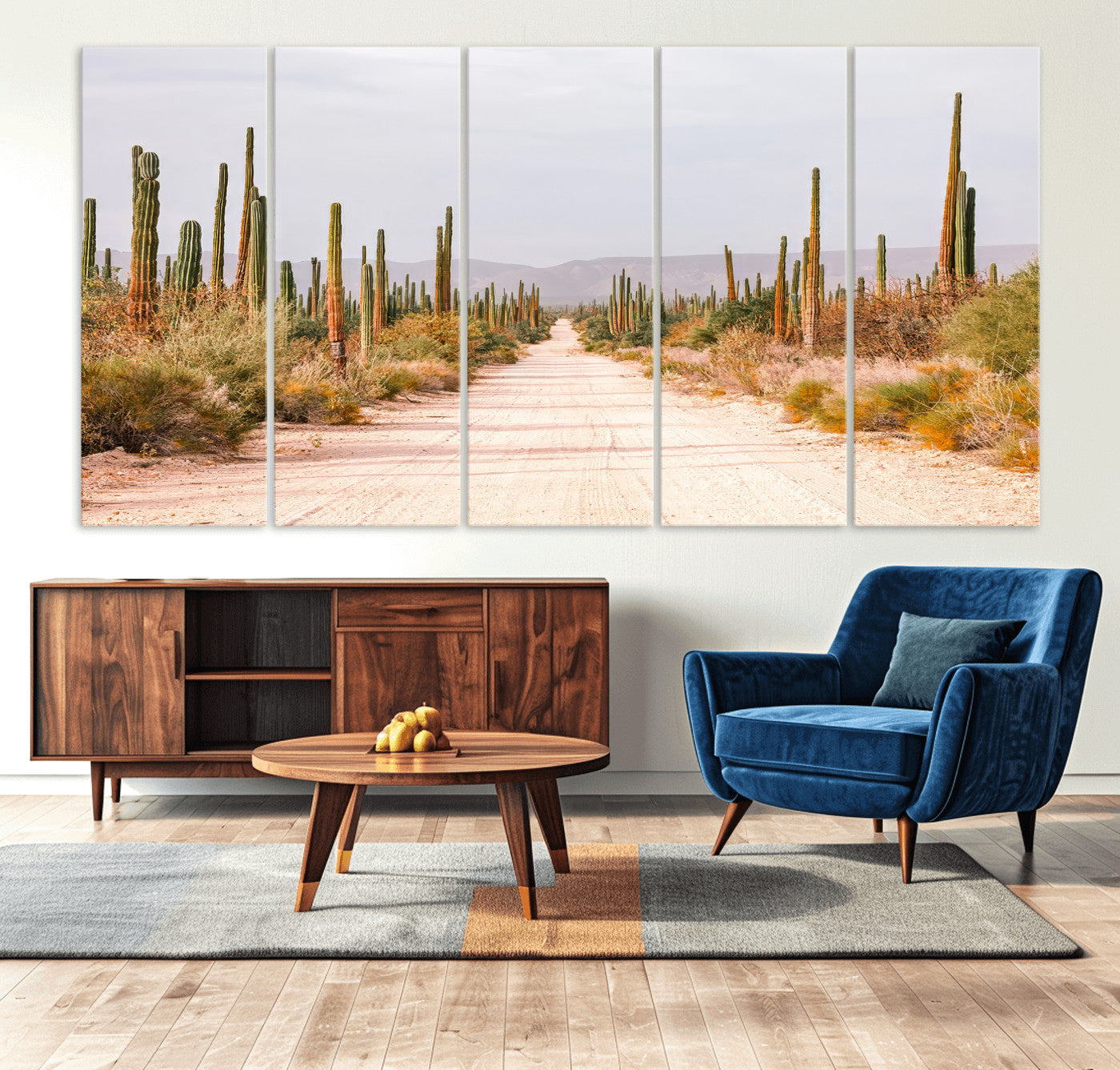 MGV-CV-60X31-5P - Desert Cactus Lined Road Wall Art Canvas Print, Framed Southwestern Landscape Art Picture Print, Bohemian Western Aesthetic Perfect Southwestern Boho Decor Artwork