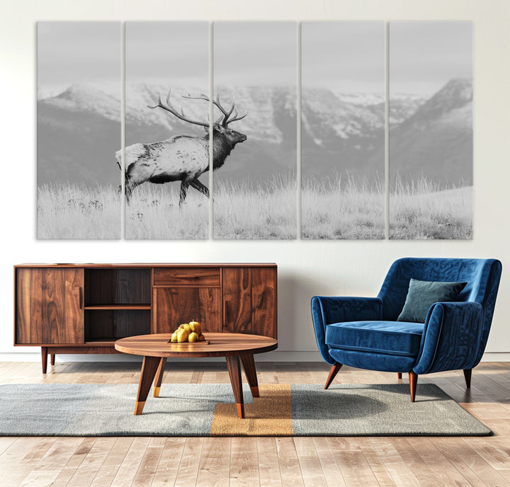 Rustic Elk Wall Art Canvas Print, Wildlife Antler Print, Framed Western Hunting Lodge Art Print, Large Mountain Nature Scene Printing Perfect for Japanese Decor