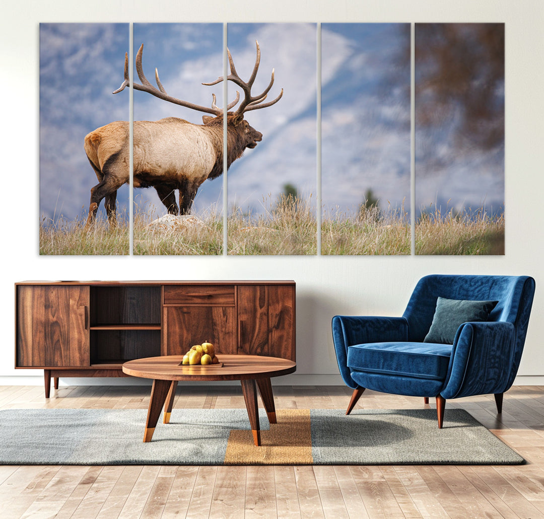 Rustic Elk Wall Art Canvas Print, Wildlife Antler Print, Framed Western Hunting Lodge Art Print