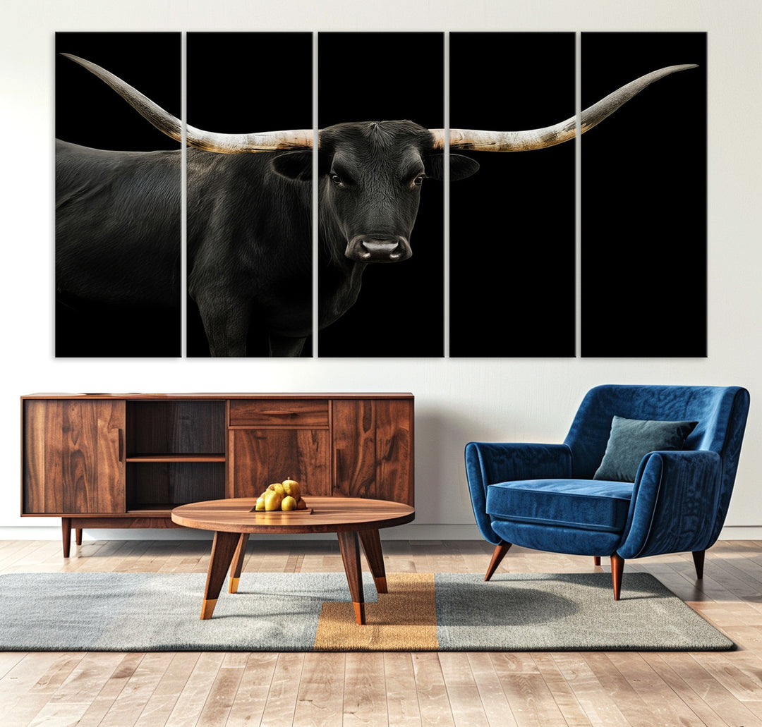 Black White Longhorn Bull Wall Art Canvas Print, Texas Ranch Print, Framed Western Cow Art Print for Farmhouse Decor - Longhorn Print