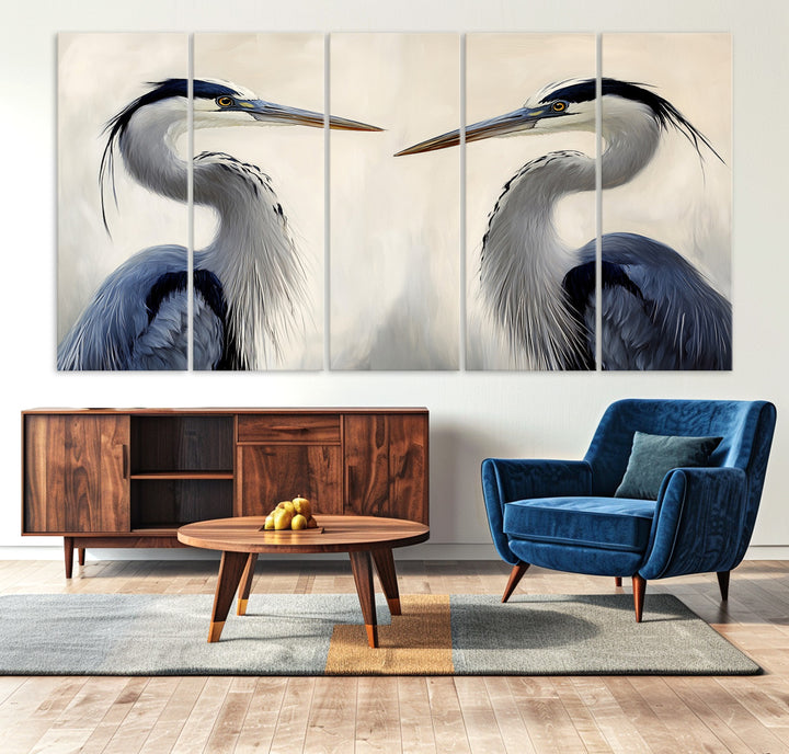 Blue Heron Pair Wall Art Canvas Print, Coastal Bird Theme Print, Framed Tranquil Wildlife Scene Art Print, Large Nature Inspired Decor Printing
