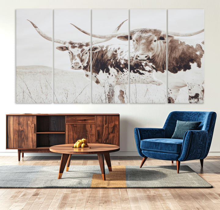 Longhorn Wall Art Wall Art Canvas Print, Western Cow Canvas Print, Framed Rustic Farm Decor Art Print, Large Neutral Animal Scene Printing