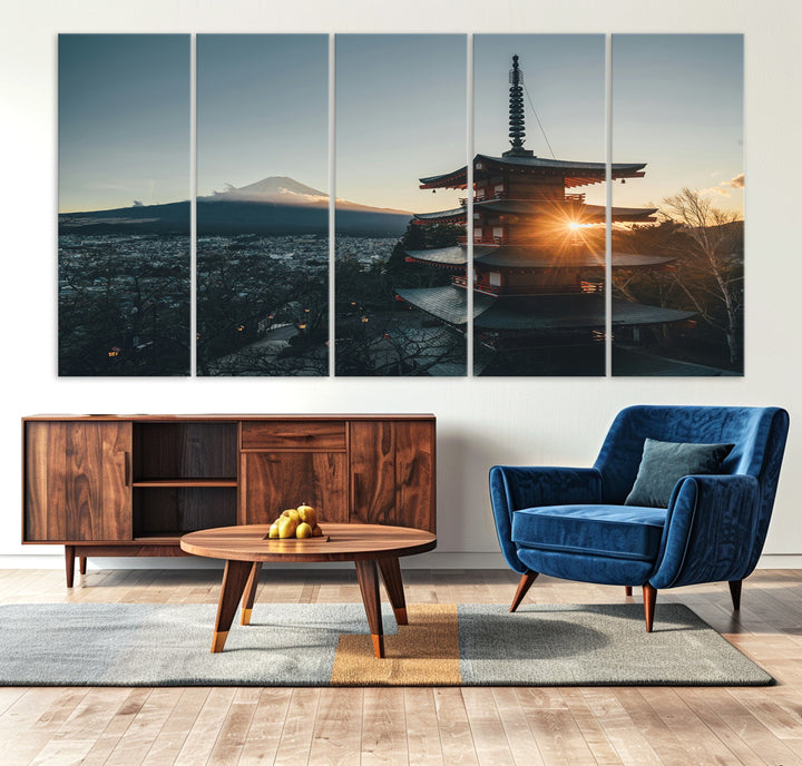 Chureito Pagoda at sunset with Mount Fuji in the background, city lights below, and golden sun rays, ideal for Japanese-inspired wall art.