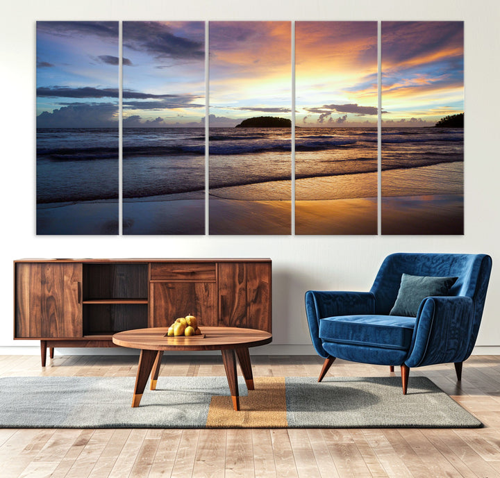 A tropical beach at sunset with waves gently washing ashore, reflecting golden and purple hues in the sky, creating a tranquil coastal scene.
