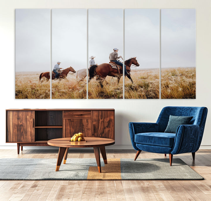 Three cowboys riding horses through a foggy prairie landscape, dressed in Western attire, evoking a rustic and adventurous Wild West aesthetic.