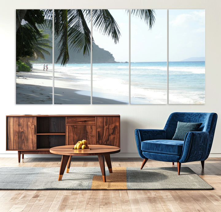Tropical beach with palm tree shadows, white sand, and turquoise ocean waves, creating a serene and relaxing island escape atmosphere.