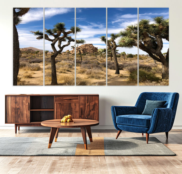 Scenic Joshua Tree landscape with rugged desert terrain, golden dry grass, and a deep blue sky, creating a warm, rustic Southwestern aesthetic.