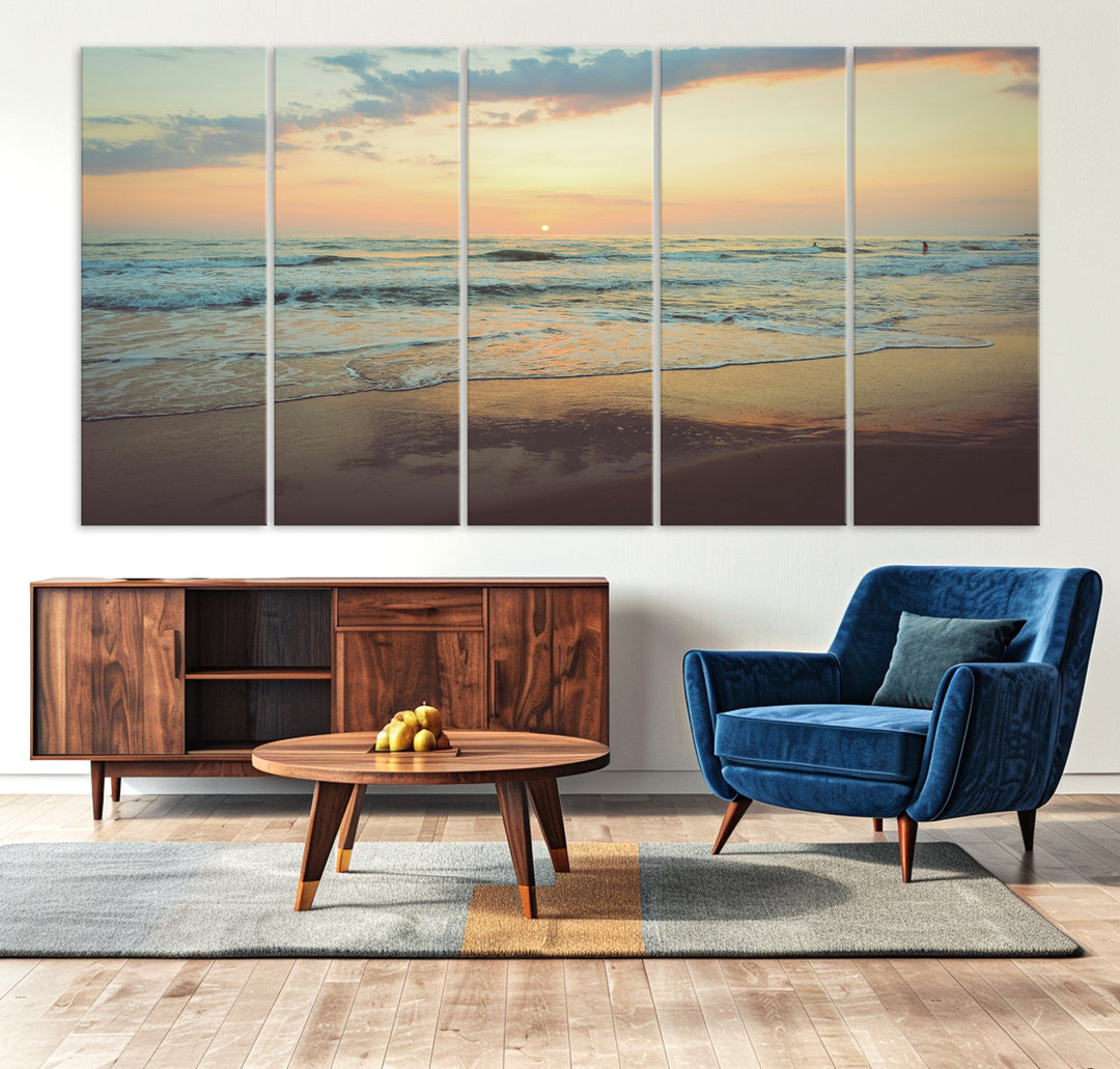 Warm sunset over gentle ocean waves with pastel sky and reflections on wet sand, creating a calm and soothing beach ambiance.