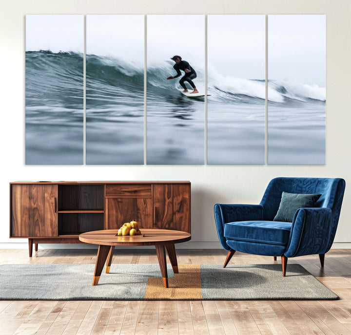 Surfer on Wave Wall Art Canvas Print, Ocean Adventure Print, Framed Motion Blur Water Art Print, Large Deep Blue Surf Printing