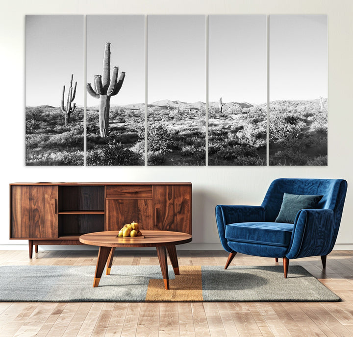 Saguaro Cactus Wall Art Canvas Print, Monochrome Landscape Print, Framed Scenic Arizona Art Print, Large Timeless Western Aesthetic Printing