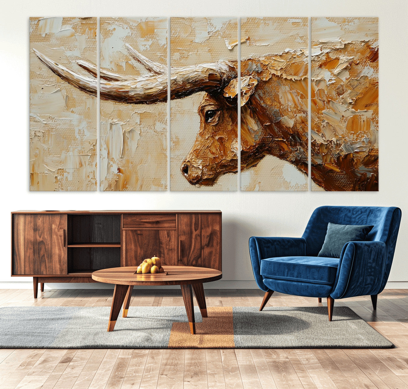 69611428-MGV-CV-36X24-Rustic Longhorn Bull Wall Art Canvas Print – Vintage Western Cattle Texas Steer Scene Artwork for home, office