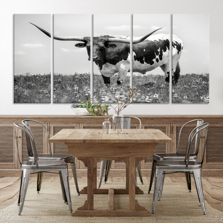 Texas Black White Highland Longhorn Cow Wall Art Canvas Print