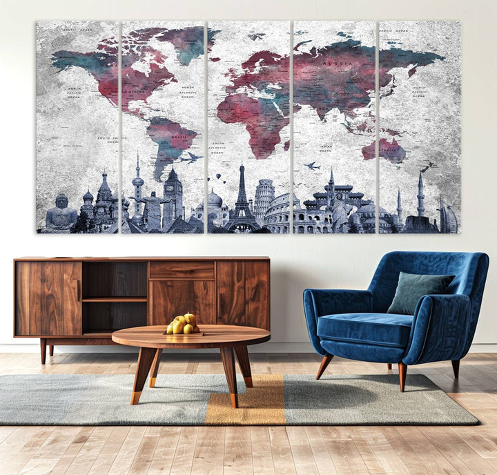 The dining room features a Blue Multipanel World Map Wall Art Canvas Print that adorns the wall, highlighting its neutral decor.