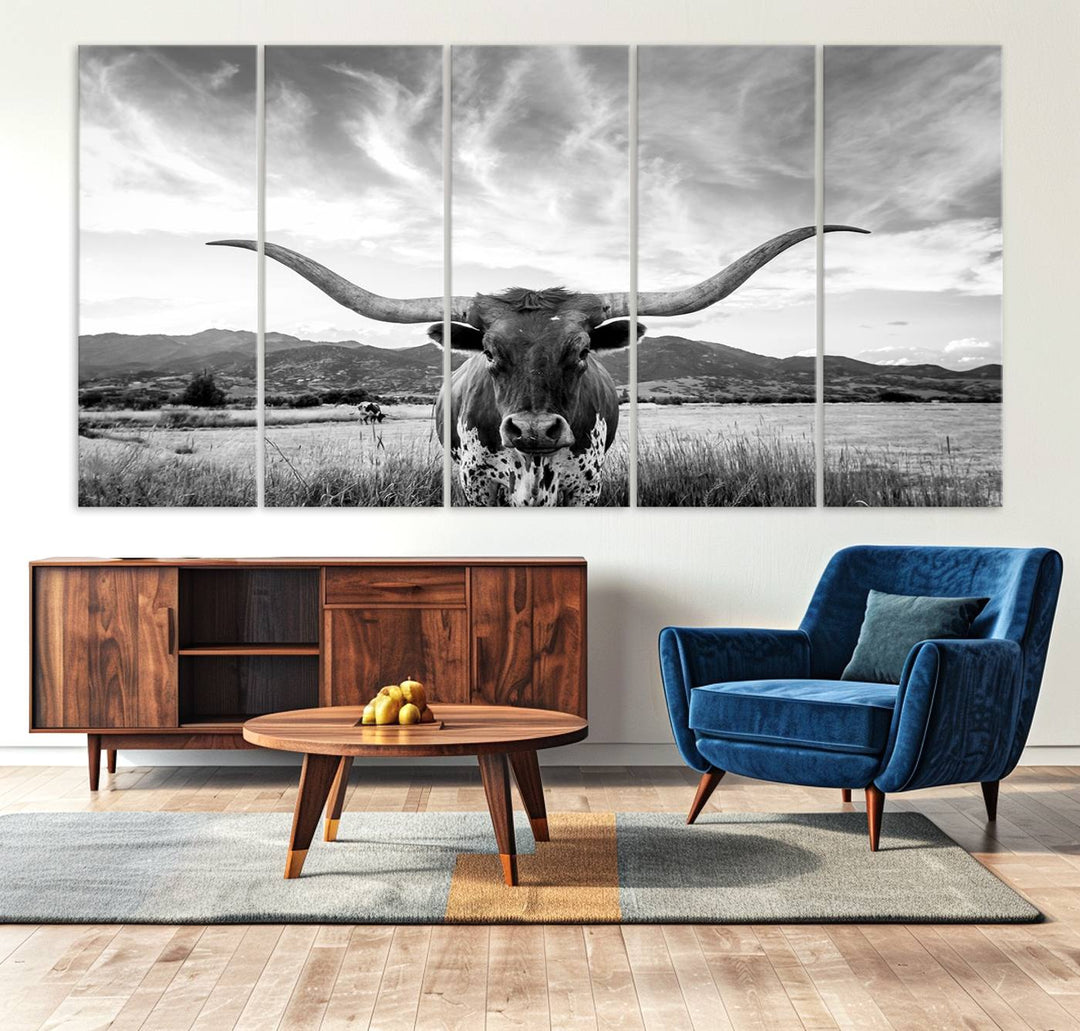 Longhorn Cow Wall Art Canvas Print Farmhouse Wall Art - Texas Longhorn Wall Art Print