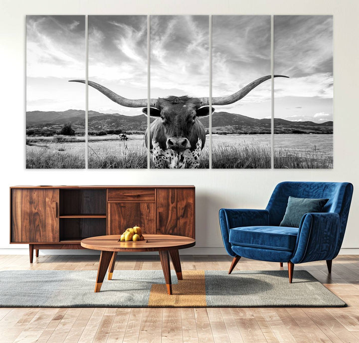 Longhorn Cow Wall Art Canvas Print Farmhouse Wall Art - Texas Longhorn Wall Art Print