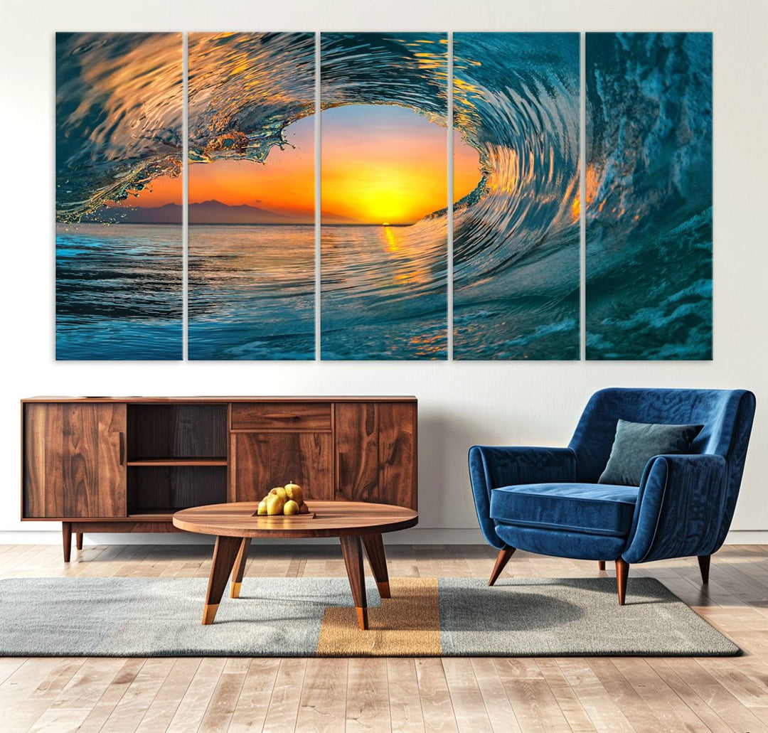 The Ocean Wave Sunset Wall Art canvas print features a vibrant ocean wave at sunset, forming a tunnel with silhouetted mountains.