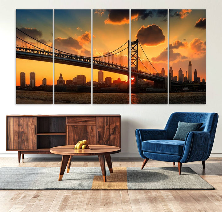 The Philadelphia Ben Franklin Bridge Wall Art Canvas Print radiates charm, embodying the beauty of premium canvas. This handmade-in-the-USA artwork captures attention with its distinct presence.