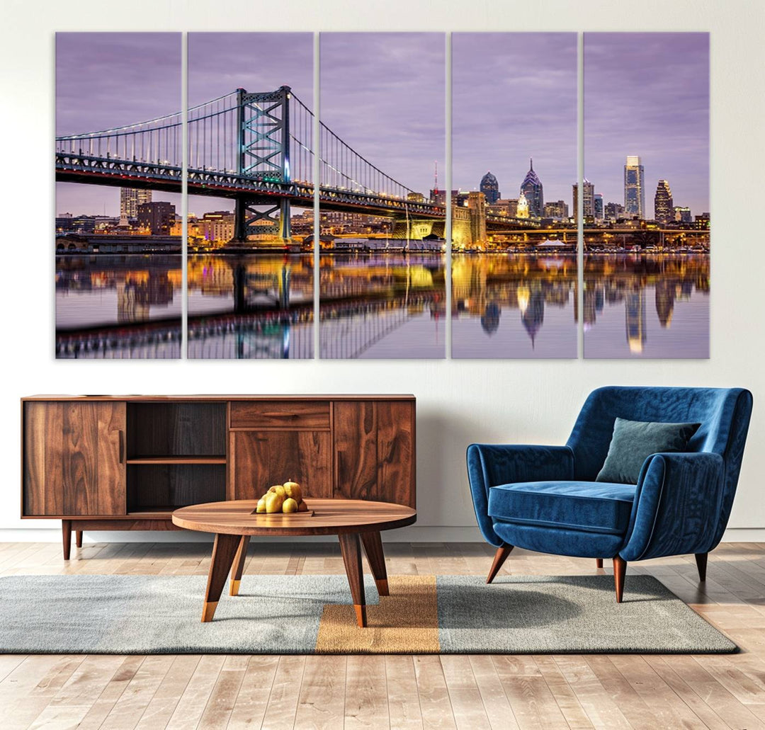 A woman holds the Philadelphia Ben Franklin Bridge Wall Art Canvas Print, a gallery-quality photo showcasing a city skyline with the bridge reflecting on the river. This stunning piece would make an excellent addition as premium canvas wall art for any home.