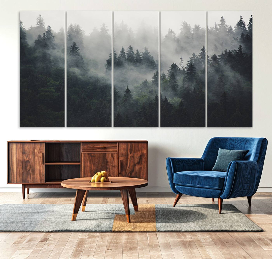 The Serene Triptych Print features tall evergreens, creating a mysterious and calming atmosphere.