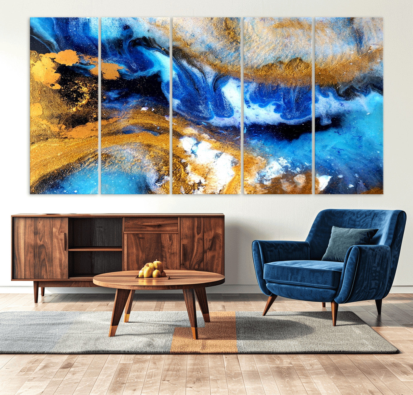42100-MGV-CV-80X40-5P-Blue Orange Marble Fluid Effect Canvas Wall Art Print