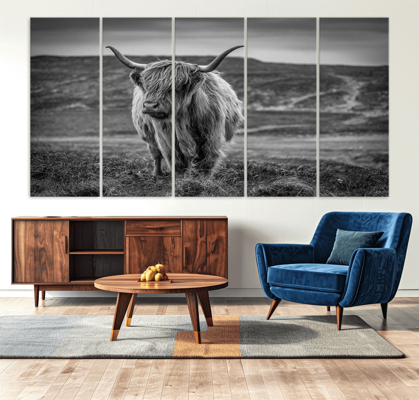 42995-MGV-CV-36X24-Fluffy Cattle Wall Art Print, Highland Cow Canvas, Framed Black and white Wall Art