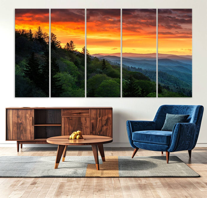 The Great Smoky Mountains Sunset Wall Art, a 3-panel print, beautifully captures natures beauty and is perfect for living room or office decor.