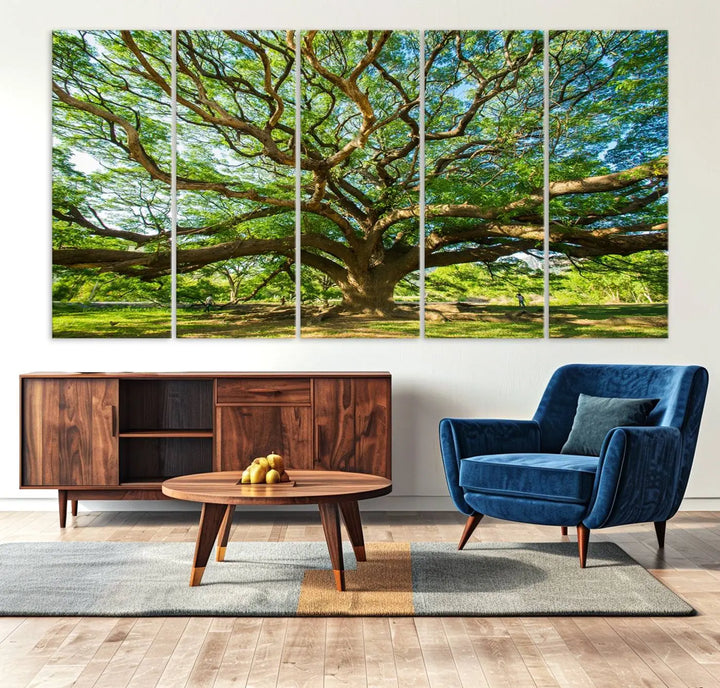 The Angel Oak Tree Wall Art, a multi-panel canvas print showcasing a large tree with sprawling branches and green leaves in a style reminiscent of the majestic Angel Oak Tree, elegantly adorns the wooden wall in the living room.