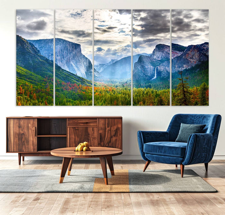 The Yosemite Park Half Dome 3 Panel Canvas Print beautifully captures the enchanting beauty of national parks with its vibrant mountain and forest scene. This large giclée landscape wall art is perfect for living rooms, offices, or bedrooms and comes ready to hang.