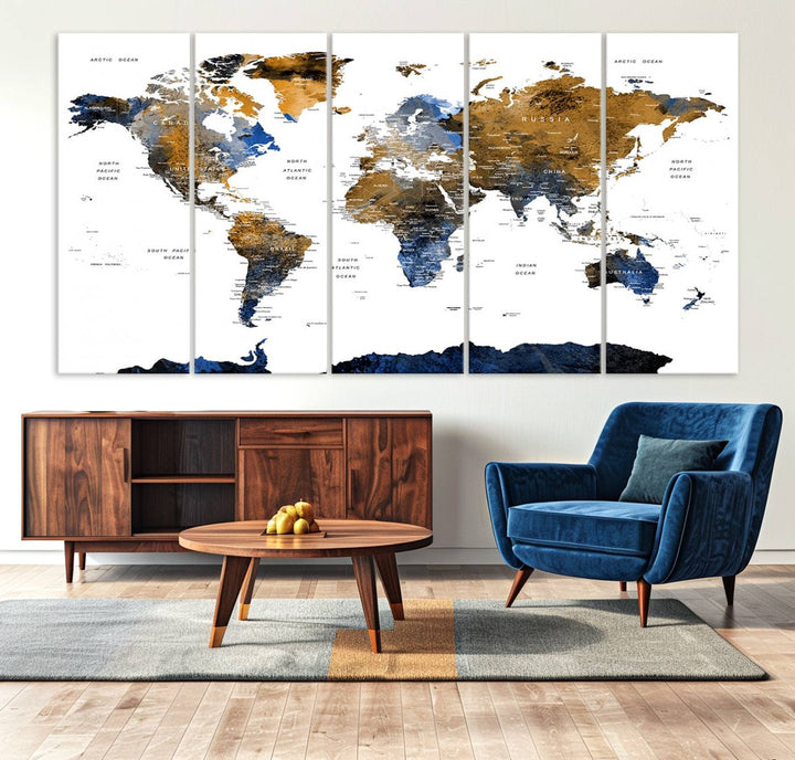 The Triptych Modern World Map Canvas in blue and brown is an ideal global decor piece for enhancing living rooms or offices. It comes ready to hang.