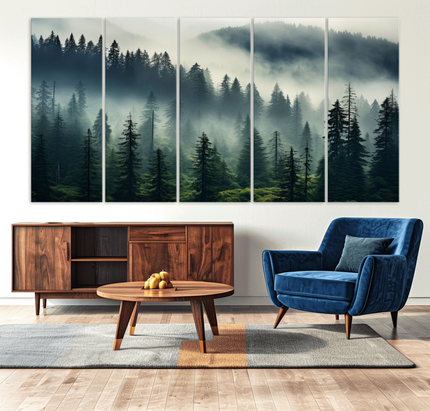 48606-MGV-CV-80X40-5P-Captivating Misty Forest Wall Art Premium Canvas Print a Foggy and Serene Atmosphere