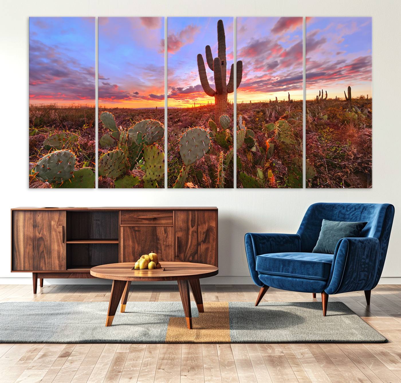 The Arizona Desert Sunset Wall Art Canvas Print hangs prominently.