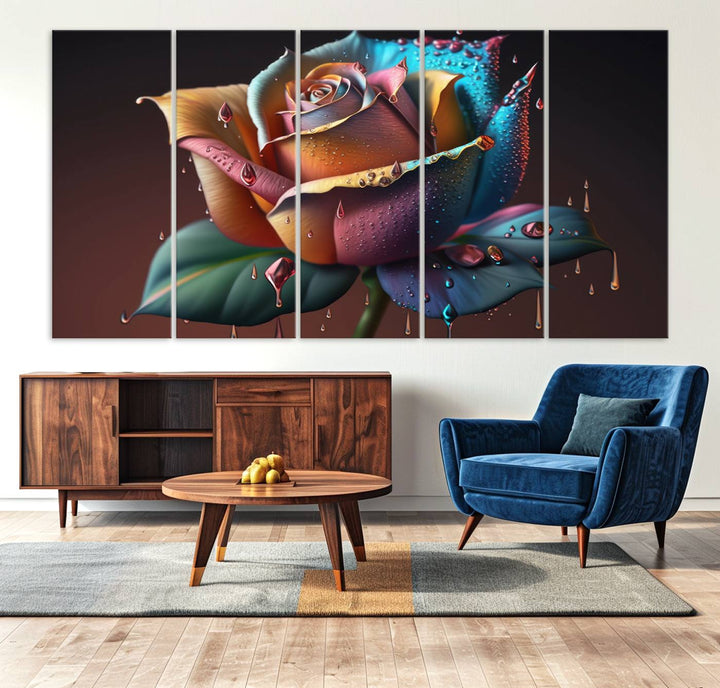 The Abstract Rose Wall Art Canvas Print displays a rose with droplets.