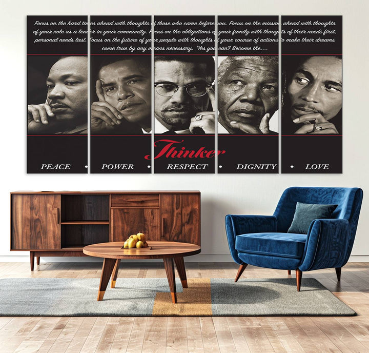 The Thinkers of Wall Art Canvas Print features icons of peace, power, and respect; it is framed and ready to hang.