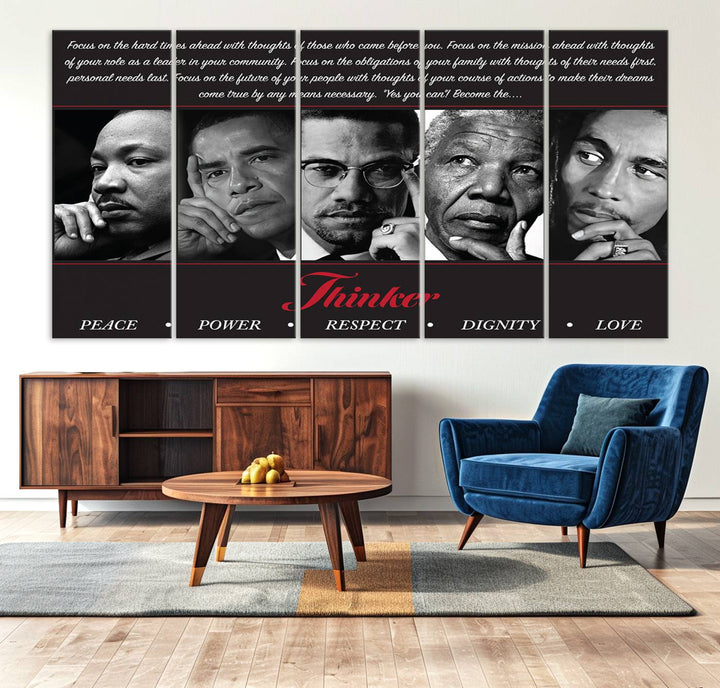 The wall art is a black and white piece featuring iconic figures accompanied by the words Thinker Peace Power Respect Dignity.