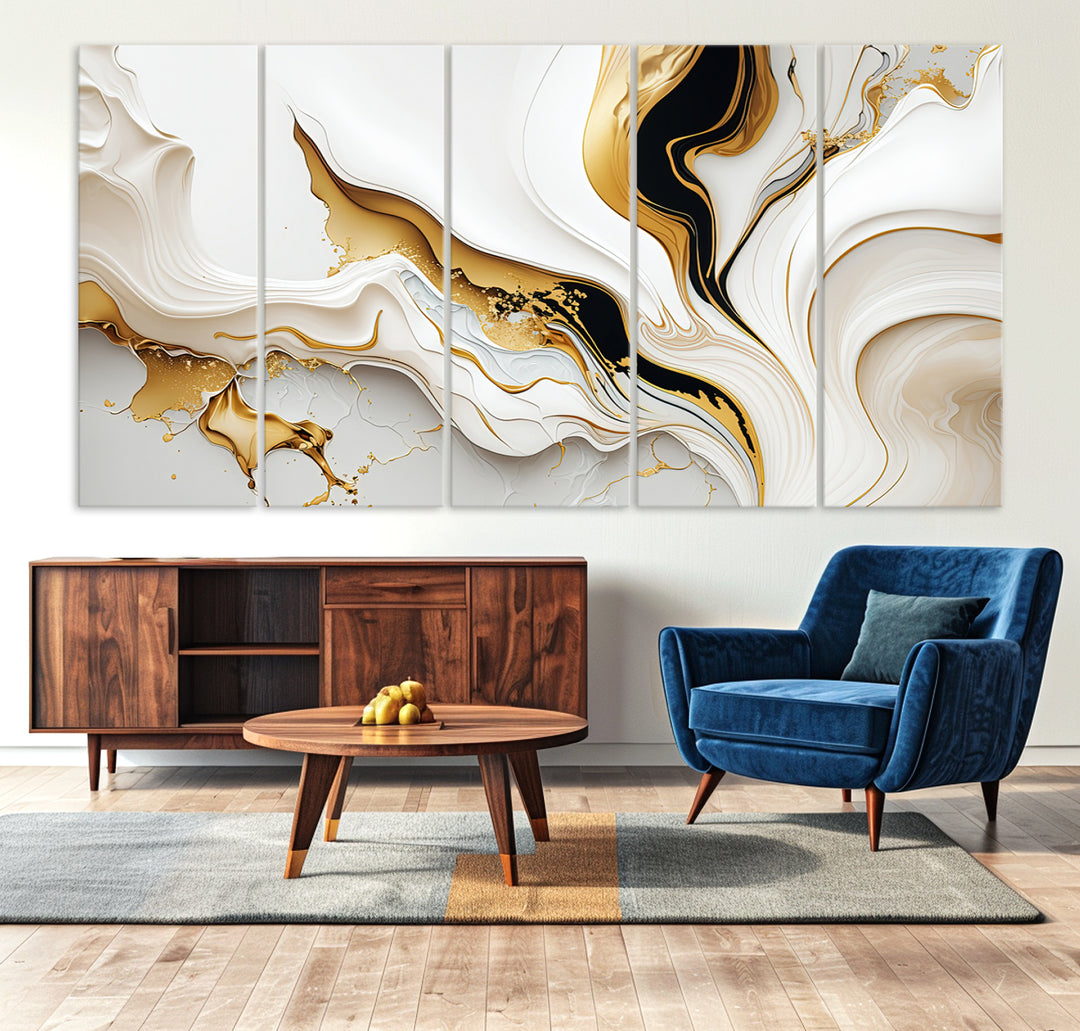 Modern interiors showcase Gold Waves on Pure White Canvas.