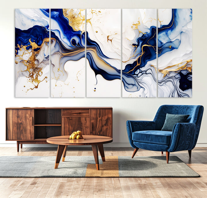 Golden Cascades on Midnight Blue – Abstract Flowing Elegance | Wall Art Canvas, Framed & Ready to Hang