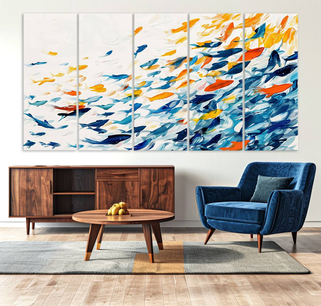 A colorful Abstract Fish Shoal Canvas Print hangs on the wall.