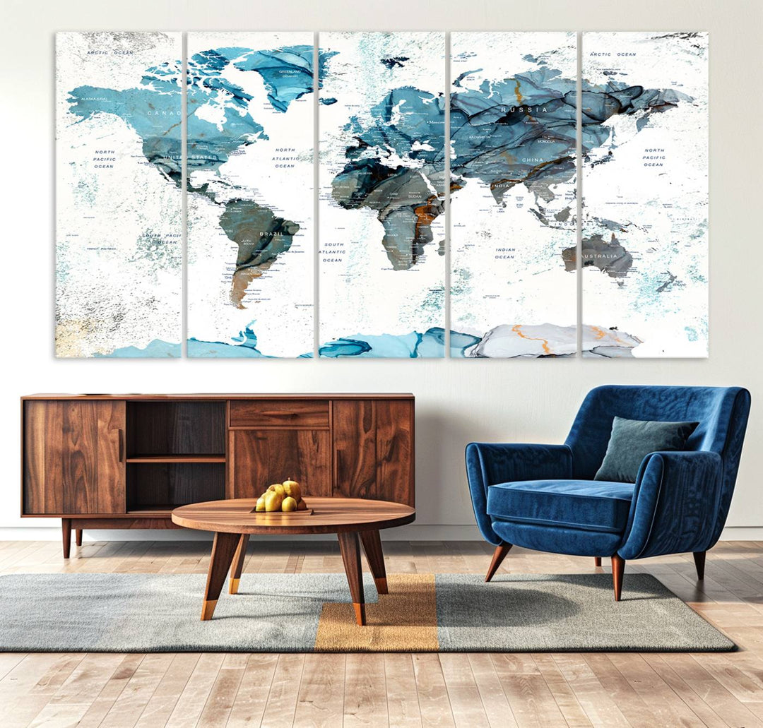 Push Pin World Map Wall Art Canvas Print adds a touch of elegance to the home decor.