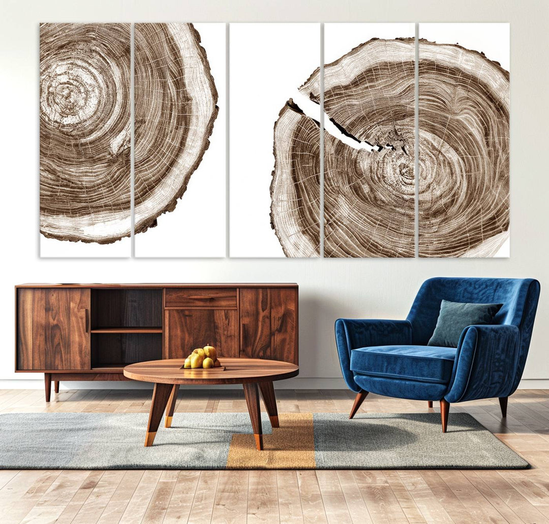 Wood Tree Ring Wall Art on a minimalist black and white canvas.