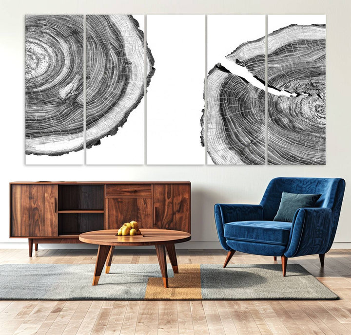 The minimalist art piece Abstract Large Tree Rings on canvas creates a striking focal point.