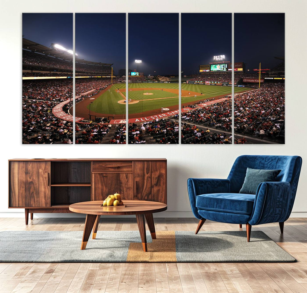 Aerial view of an LA Angels game at night, captured as stunning wall art on premium canvas, handmade in the USA.