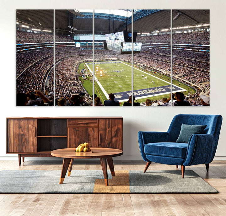 The wall art is a Dallas Cowboys AT&T Stadium Canvas Print, showcasing the iconic logo.