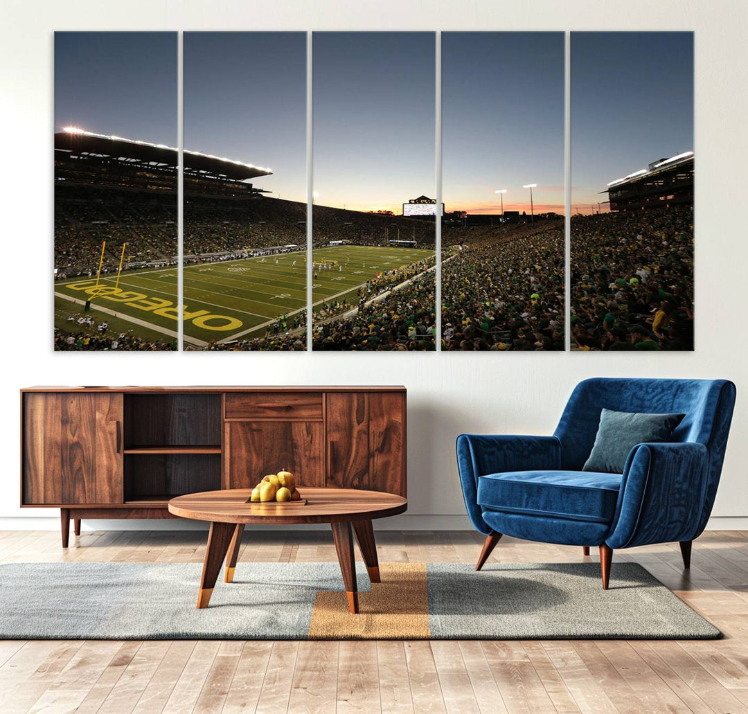 Canvas artwork depicting an Oregon Ducks football game at Autzen Stadium, capturing a sunset and packed stands.